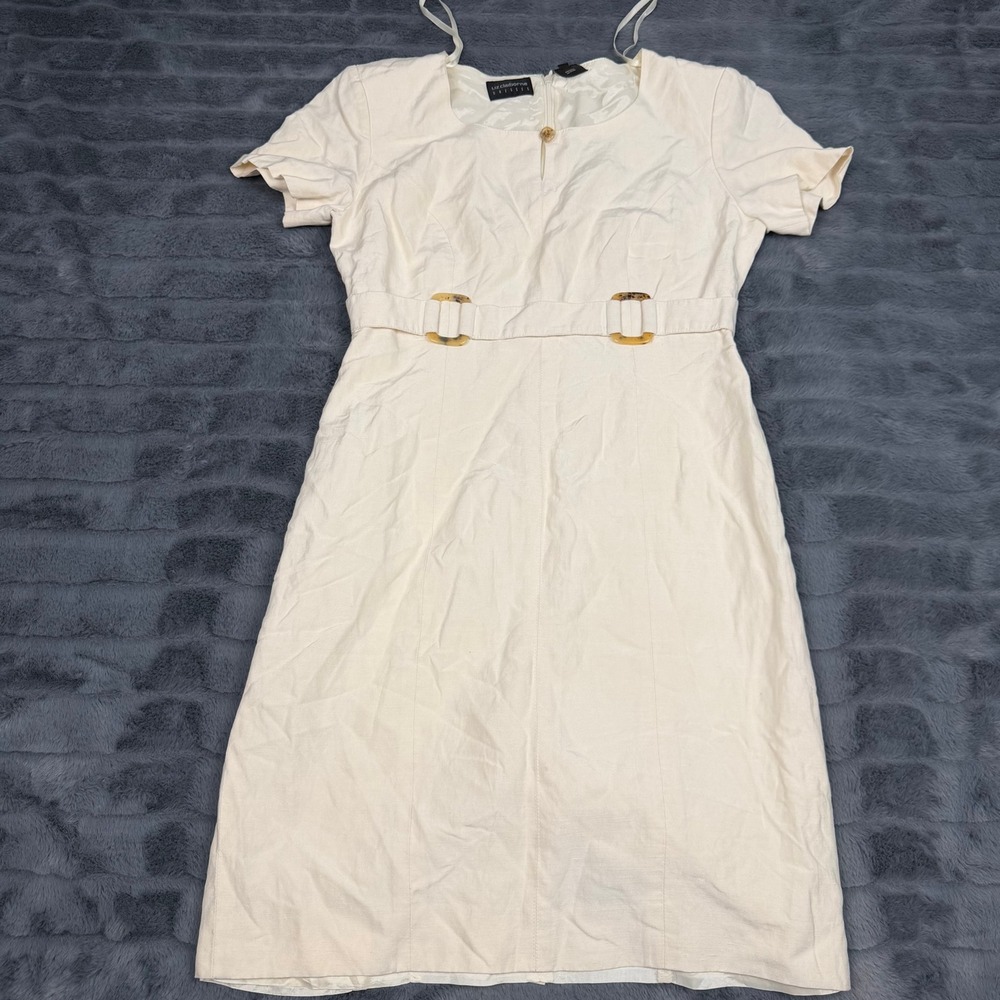 Liz Claiborne Silk Linen Blend Sheath Dress Cream Ivory Buckle Accent Size 4